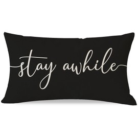 PANDICORN Modern Farmhouse Throw Pillow Covers 12x20 Inch with Words Stay Awhile Cozy Relax Black and White Outdoor Decorations Lumbar Decorative Throw Pillows Case for Home Couch Porch Patio Decor
