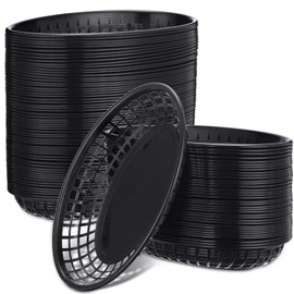 Fast Food Baskets 100 Pcs 8.9 x 5.5 Inch Plastic Baskets for Food Oval Fry Basket Black Chip Basket Reusable Bread Baskets Fry Oval Serving Tray for Restaurant Supplies Hot Dog Deli Serving Chicken