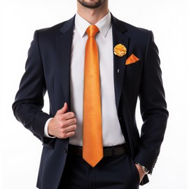 DiBanGu Mens Tie and Lapel Pin Set Silk Plaid Solid Paisley Necktie & Pocket Square Cufflinks for Wedding Party, Orange