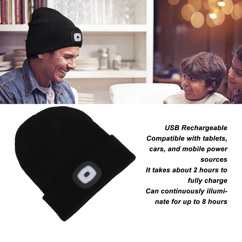 LED Beanie Hat Adjustable Brightness USB Rechargeable Soft Warm Knitted