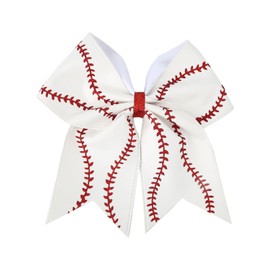 BOXOB Softball Hair Bows for Girls, Glitter Leather Cheer Bow Elastic Baseball Softball Hair Ties Headband Ponytail Holder Ribbon Accessories for Women Athletes (White & Red)
