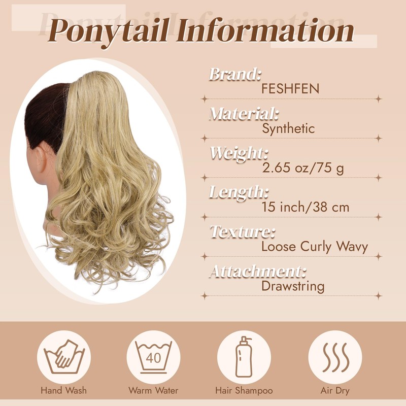 FESHFEN Drawstring Ponytail Extension, 15 inch Classic Loose Curly Wavy