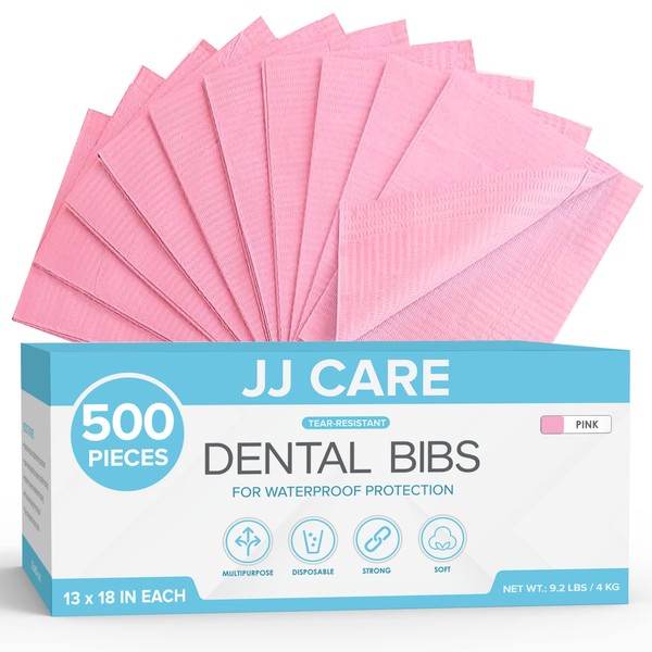 JJ CARE Dental Bibs [Pack of 500] - 13" x 18" Pink Dental Bibs, 3 Ply Waterproof Dentist Bibs, Dental Bibs Disposable for Eyelash Extension, Patient Bibs for Nail Art, Dental Napkins for Piercing