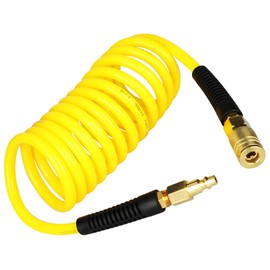 YOTOO Polyurethane Recoil Air Hose 1/4" Inner Diameter by 10' Long with Bend Restrictor, 1/4" Industrial Quick Coupler and Plug, Yellow