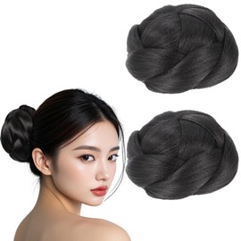 2Pcs Synthetic Braid Chignon Hair Bun Claw in Extensions for Women - Instant Elegance for Weddings, Proms, and Special Occasions (1B# Black)
