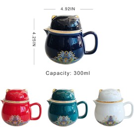 Portable Ceramic Tea Cup Set, Lucky Cat Ceramic Teapot Set With Handle, Tea Strainer, Lid And 1 Shockproof Storage Box For Travel, Outdoor And Office. (white)