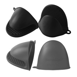ButterMelt 4PCS Oven Mitts, Silicone Pot holders Heat Resistant, Mini Oven Gloves for Kitchen, Thickened Silicone Hot Pads for Cooking & Baking(2Black2Grey)