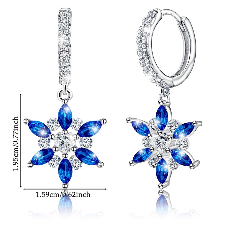 S925 Sterling Silver Blue Cubic Zirconia Snowflake Dangle Hoop Earrings