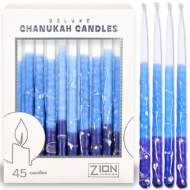 Deluxe Chanukah Candles for Menorah Set of 45 Multi Blue & White Frosted 1-Hour Decorative Hanukkah Candles Thin Tapered Candle with DIY Dreidel Prayer Song Card by Zion Judaica