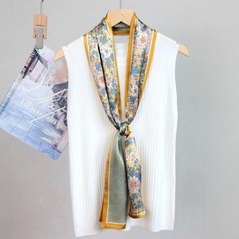 WELROG Long Rectangular Silk Scarf 150 x 16 cm - Paisley & Rural Style Print on Real Silk, yellow, Unit size