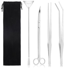Segarty Longer Aquarium Aquascaping Tools, 4 in 1 Stainless Steel Silver Aquarium Tools Kit for Aquatic Plant Fish Tank, Scraper Spatula Feeding Tweezers Curved Scissors Anti Rust Aquascape Set
