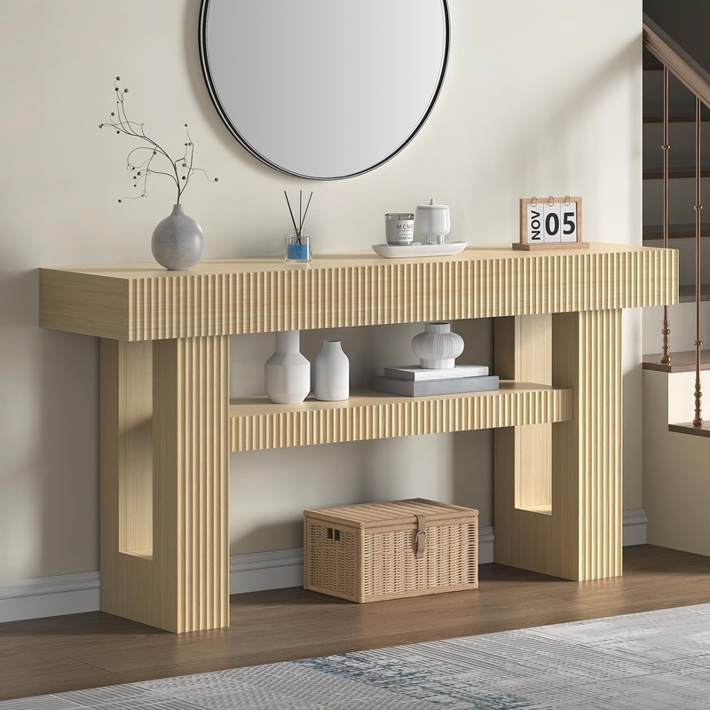 Bigbiglife 63" Fluted Console Table, Natural Oak