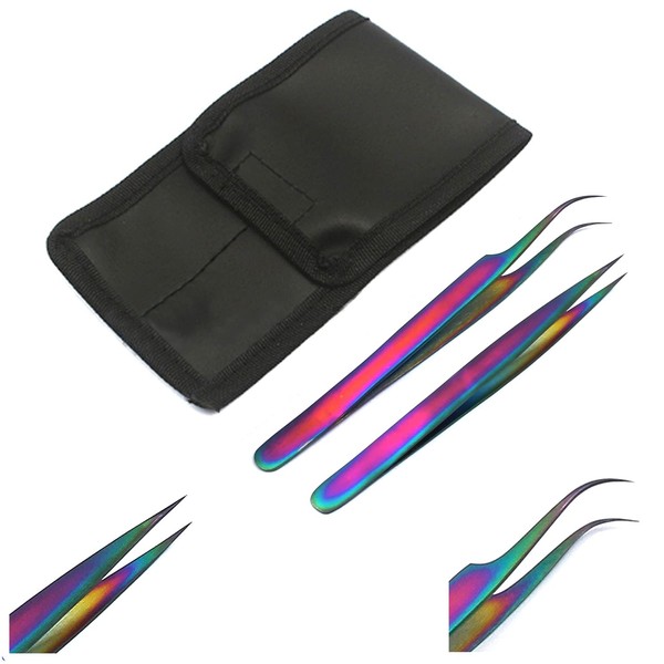 SET OF 2 Stainless Steel Multi Titanium Rainbow Color 3D Eyelash Extension Tweezers Straight + Strong Curved Fine Point (ODM)
