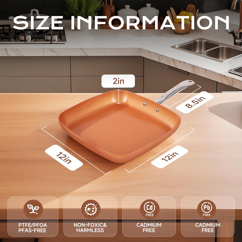 Toutrop Non-Stick Copper Square Frying Pan, 12" Chef Skillet with