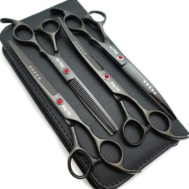 KINGSTAR 7.0in Titanium Black Professional Pet Grooming Scissors Set,Straight & Thinning & Curved Scissors 4pcs Set for Dog Grooming,(Black)
