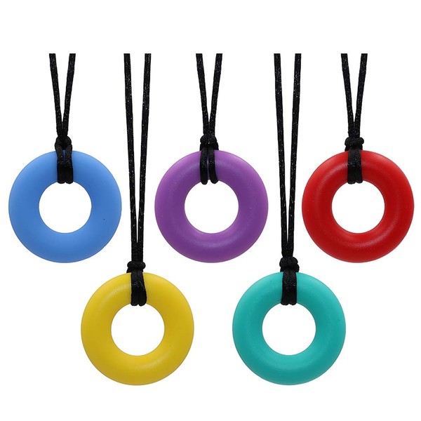Sensory Chew Necklace for Kids and Adults, 5 Pack Silicone Chewy Toys, Oral Motor Aids Chew Pendant Chewable Toys for Boys and Girls with Autism, ADHD, Reduces Chewing Donut Multicolor