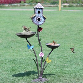 HLQMFHT 38" H Birdbaths for Outdoors,Metal Bird Feeder and Bird Houses for Outside,3-in-1,Garden Yard Decor