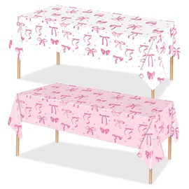 2Pcs Pink Bow Tablecloth Bow Party Supplies Disposable White Pink Table Cover for Birthday Party Decoration Bachelorette Decor Wedding Bridal Engagement Decor Coquette Decoration 54×108''