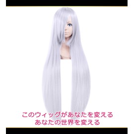 CaseEden 6129 Premium Cosplay Wig, Smooth, Long, Straight 39.4 inches (100 cm), Silver, Silver Hair