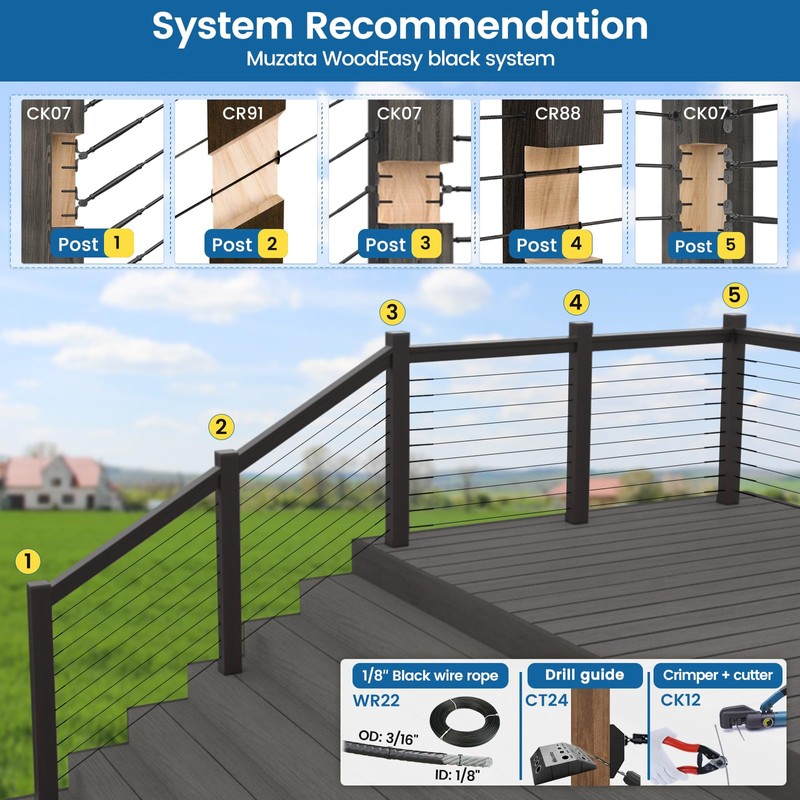 Muzata 60 Pack 1/8" 5/32" 3/16" Black Cable Railing Protector