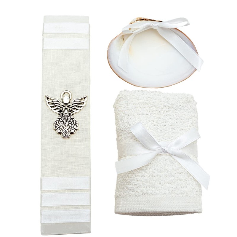 Generic Kit de Bautizo Blanco con ángel, vela cuadrada para