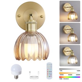 Vintage Battery Operated Wireless Wall Sconces, Rechargeable Gold Wall Lights，Amber Tulip Glass Lampshade With Remote Dimmable Wall Lighting Indoor, Led Wall Lamp Fixtures For Bedroom, Living Room
