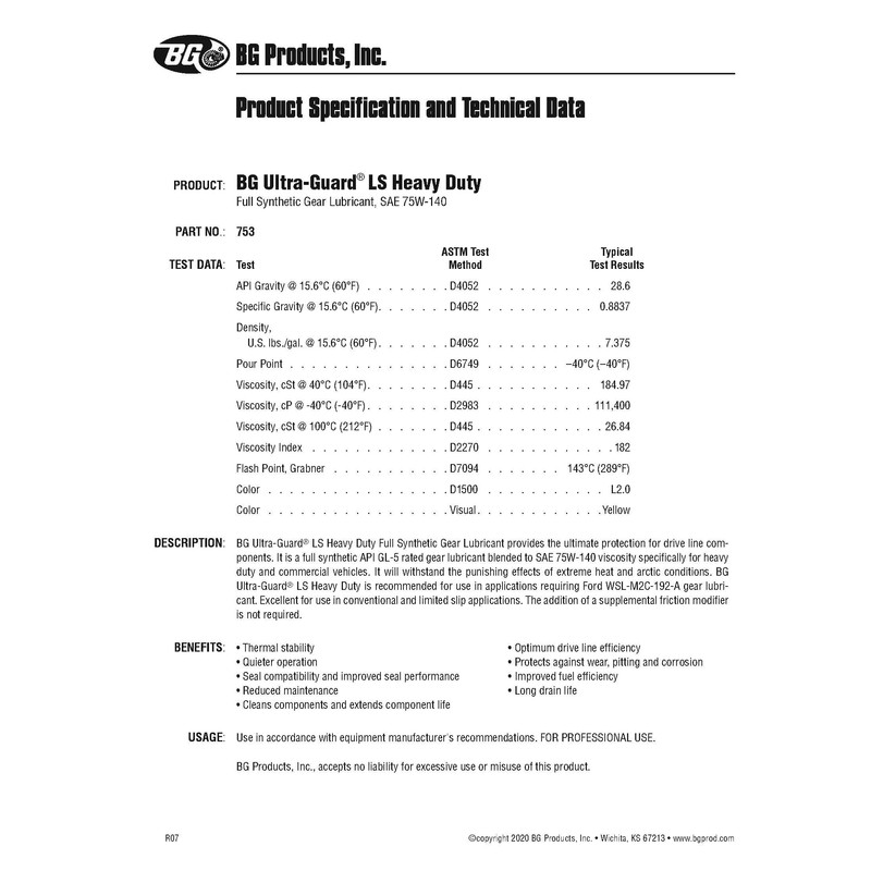 BG Ultra-Guard LS Heavy Duty Gear Lubricant PN 75332 with