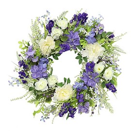 Puleo International 24" Artificial White Rose and Lavender Floral Spring Wreath