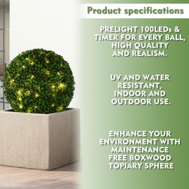 Le Serein 2 Pcs Lighted Topiary Ball Outdoor Pre-Lit Faux Boxwood Planter Filler Sphere, Artificial Topiary Ball， Decorative for Backyard, Balcony, Garden, Wedding Party, Home Office (15 * 15)