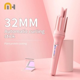 Automatic Hair Curler 32mm Negative Ions Electric Ceramic Curling Hair Stick Rotating Curl Waves Anti-Tangle Curling Iron Styler - Color: Pink