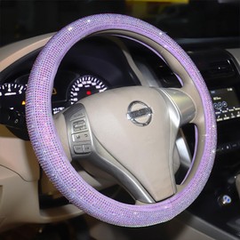 Car Fuzzy Bling Steering Wheel Cover for Women Purple, 15 Inch Universal with Colorful Diamonds Rhinestone Cute Accessories Crystal Anti-Slip Wheel Protectorer
