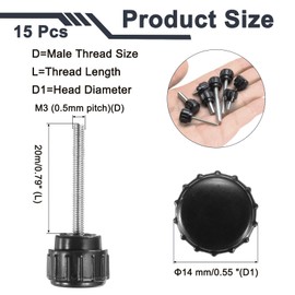 MECCANIXITY Knurled Clamping Knobs Handle Thumb Screws Bolt Knobs M3 x 20 mm Male Thread 14 mm Head for Electronics Automotive Furniture Assembly Wood Working DIY Projects(Black, Pack of 15)