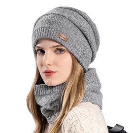 Mowo Knit Hat, Women's, Neck Warmer, Winter, 360° Thermal Set, Fluffy Fleece Lining, Small Face Effect, Knit Hat, Men's, Beanie, Balaclava Hat, Cold Protection, Soft, Warm, Stylish, Windproof, Commuting to Work or School, Cycling, Skiing, Unisex (Light Gray)