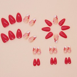 White French Tip Press on Nails Short Almond Fake Nails with Flower Designs Pink Nails Press ons Glossy Gule on Nails Spring False Nails Artificial Stick on Nails for Women 30Pcs