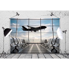 Loccor 5x3ft Fabric Airport Backdrop Lounge with Plane Pilot Jet Birthday Party Video Recording Zoom Meeting Conference Baby Shower Photoshoot Business Studio Decoration Photography Props