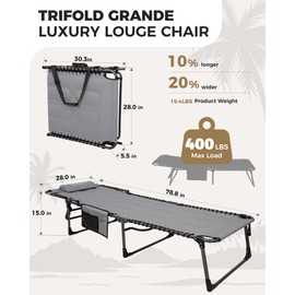 KingCamp Oversized Lounge Chair, Folding Portable Adjustable 5-Position Tanning Chairs 400lbs Heavy Duty Padded Recliner with Side Pocket Pillow for Outdoor Patio Beach Sun Bathing Pool