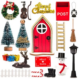 Gnome Door Set, Gnome Door Accessories, Christmas, 24 Pieces, Gnome Accessory Set, Nissedor Miniature Christmas Gnome Door Decoration with Christmas Tree, Boots, Guitars, Fence, Snowman for Fairy