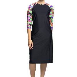 Woman Modest Tznius 3/4 Sleeve Swimdress, Beach Cover up UPF 50+ Sun Protection (as1, Alpha, m, Regular, Regular, 5. Aruba in Black/Color Splash)
