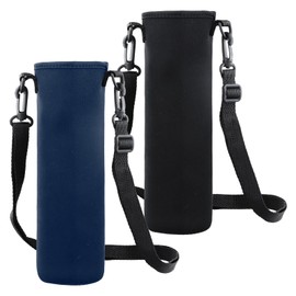Shengxi Pack of 2 Water Bottle Covers, 8 x 25 cm, 1500 ml Bottle Holder Bag with Adjustable Shoulder Strap, Thermal Holder Bag, Scald-Proof Case for Hiking, Running, Walking, Trekking, Black and dark