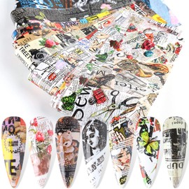 Holographic Nail Foil Transfer Stickers Decals Decoration, Magazine Flowers Nail Art Design Acrylic Nails Supplies for Nail Transfer Glue Polish, Fingernail and Toenail Manicure DIY Film (10 Sheets)