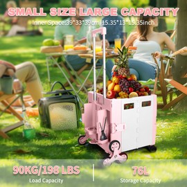 76L Folding Utility Cart Portable Rolling Crate Handcart Shopping Collapsible Tool Box with Stair Climbing Wheels,Hidden Lid,2 Rotate Wheels,for Grocery,Shopping,Office,Storage(Pink-White)