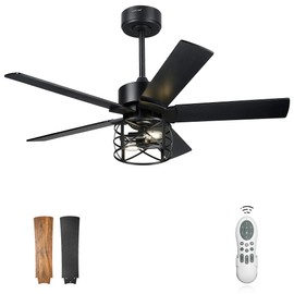 YOUKAIN Ceiling Fans With Lights, 42 Inch Farmhouse Ceiling Fans with Lights and Remote, 5-Reversible Blades with Matte Black/Wooden Finish, 42-YJ632-BKW