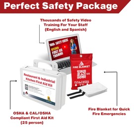 GotSafety Restaurant/Kitchen First Aid Kit 3-in-1: First Aid Kit Fire Blanket Safety Video Training, Industrial and Home Kitchens, Fire Response, 1900 Safety Training Videos, Preparedness