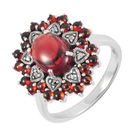 Esse Marcasite Sterling Silver Cabochon Cut Garnet & Hearts Dress Ring (L)