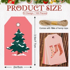 AnyDesign 100Pcs Boho Christmas Paper Gift Tags with Hemp Rope Pink Xmas Tree Santa Tag Pre-Punched with Holes Seasonal Holiday Favor Tag Hanging Labels, 10 Design