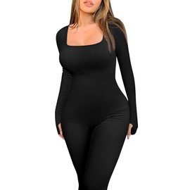 Rongseng Jumpsuit Women's Long Sleeve Square Neck Sports Jumpsuit Long Tight Stretch One-Piece Bodycon Yoga Bodysuit Jumpsuit Ribbed Knitted Workout Playsuits Sports Suit Tracksuit Club Outfit, black