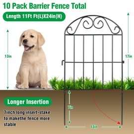 ADAVIN 10 Panels Collapsible Garden Fence Animal Barrier Fence,11ft(L) x 24in(H) Black Rustproof Metal Wire Panel Border for Dogs Rabbits, Flower Edging for Landscape Patio Yard Outdoor Decor, Arched