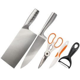 BambooMN High Carbon, Rust Resistant, Stainless Steel Chef Knife, Meat Cleaver, Kitchen Shears, Fruit/Vegetable Peeler, and Ceramic Non-Corrosive Paring Knife - 5 Piece Kitchen Set for Cooking