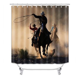 Camille&Andrew 4PCS/Set Western Cowboy Shower Curtain, Country Cowboy Riding Horse in Wild West Bathroom Decor, Waterproof Fabric Bath Curtain, Non-slip Bathroom Mat Bath Rug Soft Toilet Carpet, Rodeo