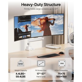 monTEK Heavy-Duty Single Monitor Arm for 17-57 inch, up to 59.4lbs Ultrawide Screens,Gas Spring Dual Curved Adjustable Monitor Stand for Desk,75/100mm VESA Mount with USB，White